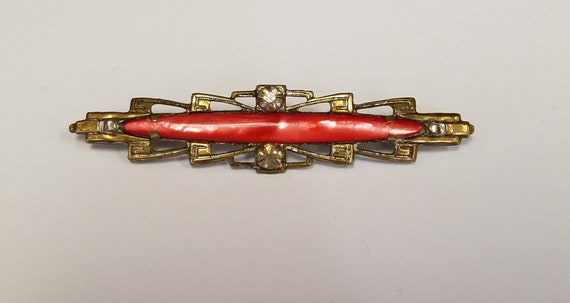 Victorian Bar Pin Brooch Orange Stone Pronged C Clasp Antique Jewelry