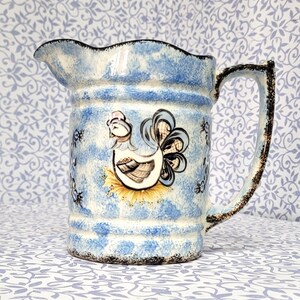 Vintage Spatterware Milk Pitcher with Folk Art Chicken Country Cottage Farmhouse Water Milk Pitcher