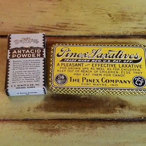 Two Vintage Medicines from 1920&#39;s-1930&#39;s Era, Pinex Laxatives Ft Wayne, Ind. Tin and DeWitt&#39;s Antacid Powder Box With Powder Package Inside