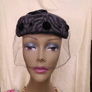 Hat Vintage Black Dressy Cocktail Hat with Stunning Polka Dot Veil and Bows