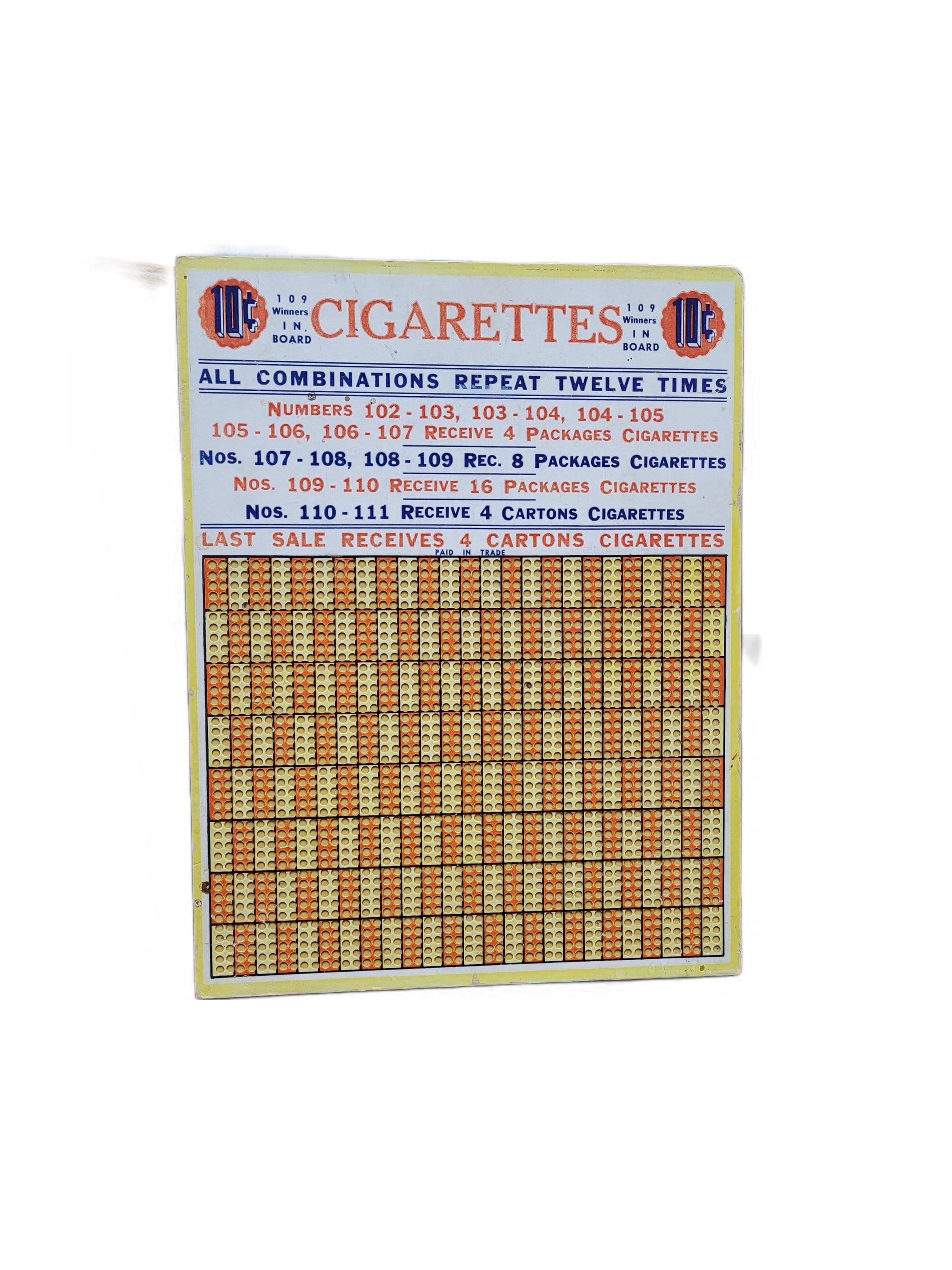 Vintage Cigarettes Punch Board 109 Chances to Win 10 Cents a Punch Ready to  Hang Missing the Punch Advertising Wall Art Tobacco Collectible