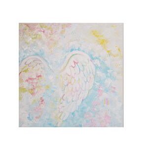 May include: An abstract painting of white angel wings against a soft, pastel background. The wings are detailed with delicate lines and subtle color variations. The background features blended hues of light blue, pink, and yellow.