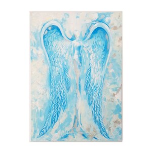 May include: An abstract painting of an angel with large, detailed blue wings. The artwork features a light blue and white background with silver accents. The angel's form is subtly depicted in the center.