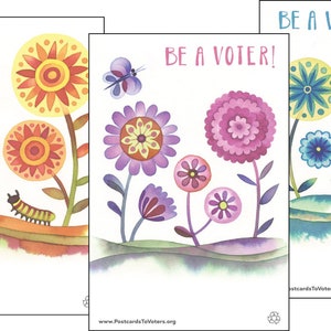 Be a Voter Postcards, Flowers with Dragonfly, Caterpillar, and Butterfly designs, 100 Postcards image 1