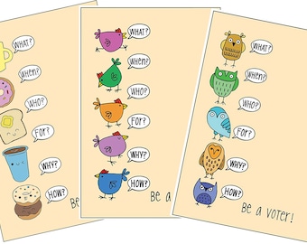 Be a Voter Postcards, Talking Owls, Breakfast, and Hens.  100 Postcards