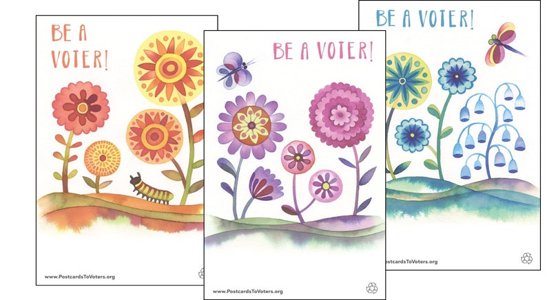 Be a Voter Postcards, Flowers with Dragonfly, Caterpillar, and Butterfly designs, 100 Postcards image 1