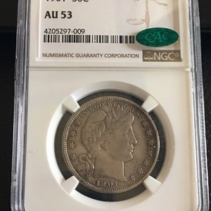 1901 Barber Half Dollar Silver Coin, NGC Graded Coin, AU53, Philadelphia Mint, CAC Certified,