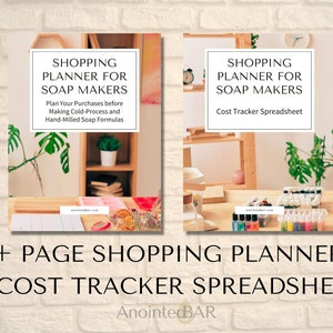 May include: Two printable digital downloads for soap makers. The first is a shopping planner for soap makers with a green plant and books on a shelf in the background. The second is a cost tracker spreadsheet with a table full of colorful bottles in the background. The text on the covers reads "Shopping Planner for Soap Makers".