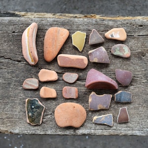 May include: A collection of twenty-one assorted pieces of sea glass and weathered ceramic shards in various shapes and sizes. The pieces feature a palette of muted earth tones including terracotta, tan, grey, brown, and a single piece of dark green.