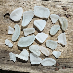 Old White Bottle Bottoms sea frosted shards 22pcs, Beach Decor, Vintage Bottle Fragments, Sea glass Coastal Kitchen Decor