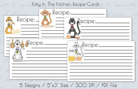 Kitty In The Kitchen 5x3 Recipe Cards Printable Recipe Cards Etsy