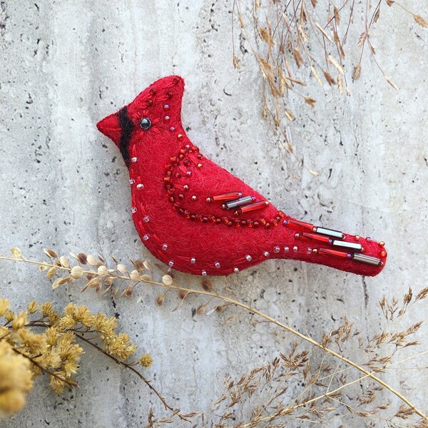 Male Cardinal Bird - Felted and embroidered brooch - Felted bird - Male Cardinal - Cardinal Pin - Embroidered Bird - Red Cardinal Pin