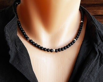 Onyx necklace matt black gold plated stainless steel pearl necklace men women gift for him unisex