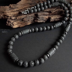 Men's Necklace Lava Stone Hematite Men Gemstone Bead Necklace Black Silver Gift for Him Unisex