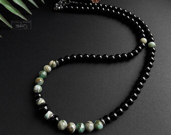 Collier Onyx Ocean Jasper Collier de perles Hommes Femmes Cadeau Noir Vert Cadeau pour lui Unisexe