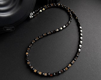 Necklace black onyx hematite gold pearl necklace men unisex gift for him her