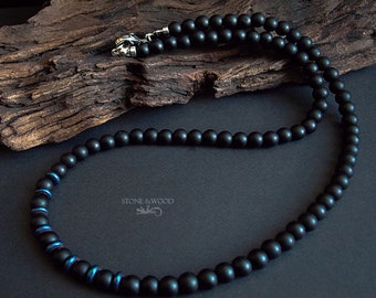 Men's Necklace Onyx Hematite Black Blue Men Gemstone Bead Necklace Gift