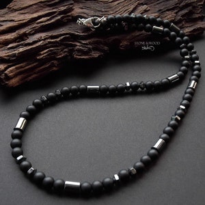 Men's Necklace Onyx Hematite Bloodstone Black Dark Silver Gift Men Pearl Necklace Gift for Him Unisex