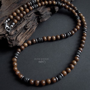 Necklace Mundambi Wood Lava Stone Hematite Men's Necklace Pearl Necklace Men Women Gift for Him image 4