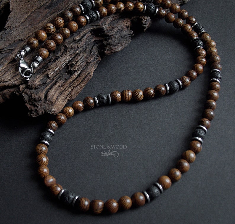 Necklace Mundambi Wood Lava Stone Hematite Men's Necklace Pearl Necklace Men Women Gift for Him image 4