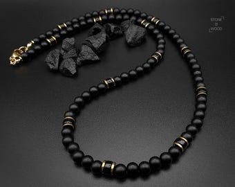 Herren Halskette Onyx und Hämatit vergoldet Perlenkette Männer Schmuck Geschenk