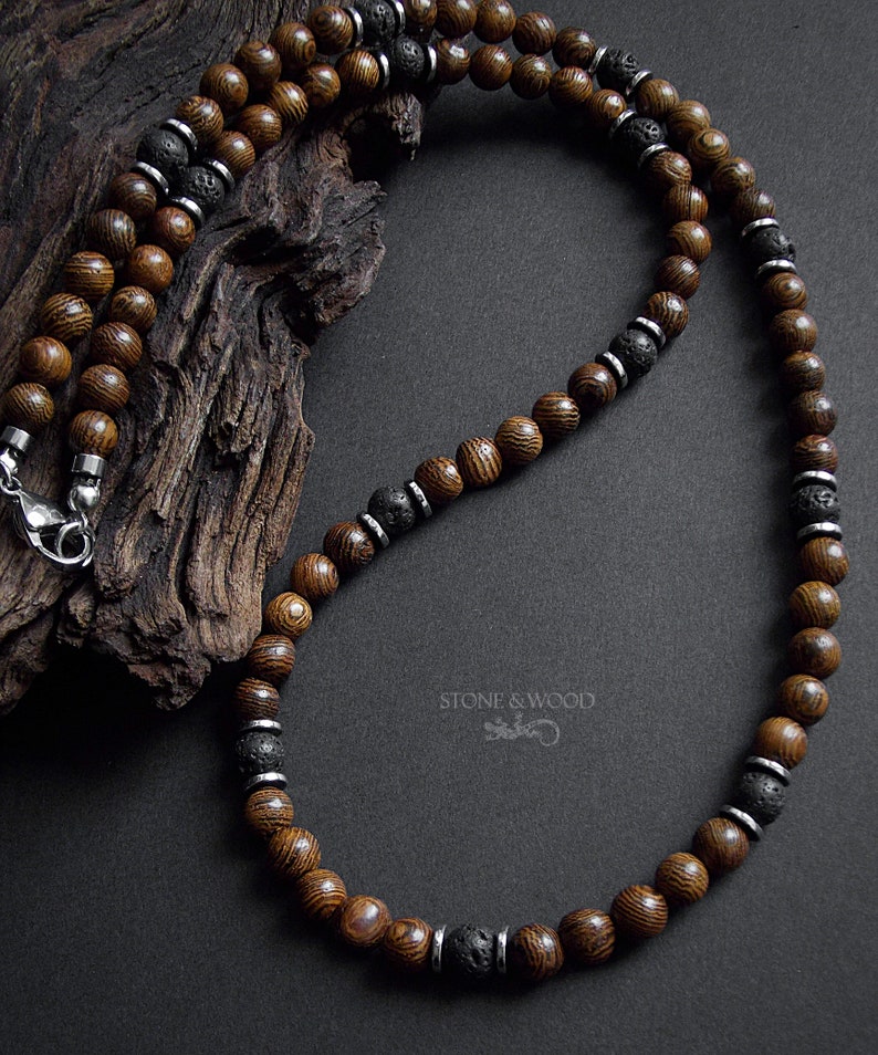 Necklace Mundambi Wood Lava Stone Hematite Men's Necklace Pearl Necklace Men Women Gift for Him image 3