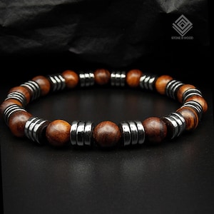 Herren Armband Holz und Hämatit Perlenarmband Männer Schmuck Geschenk