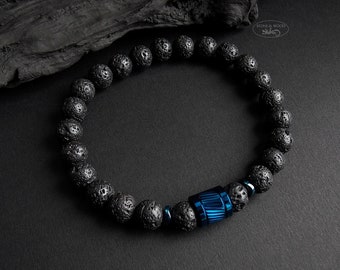 Bracelet de lave pour hommes, perles d'hématite en acier inoxydable, cadeau métallique bleu pour lui, Bracelet de perles pour hommes