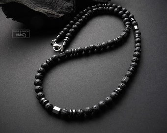 Men's Necklace Lava Stone and Hematite Bead Necklace Men Gift for Him