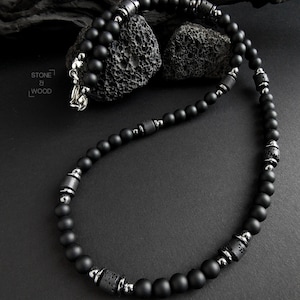 Men's necklace matte black onyx lava hematite pearl necklace men gift for him