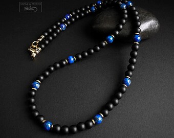 Collier Lapis Lazuli Onyx Hématite Collier de Perles Cadeau Hommes Femmes Cadeau pour Lui Unisexe