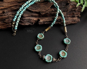 Collier Collier de Perles Bohème Collier Boho Fleurs Turquoise Style Vintage