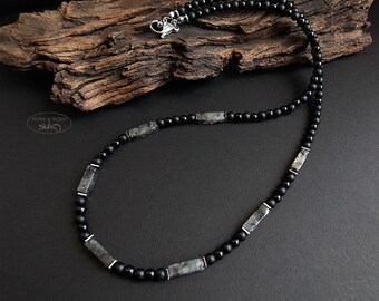 Men's Necklace Onyx Larvikite Pearl Necklace Men Gift for Him