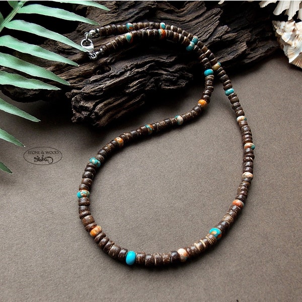 Collana Unisex Con Rosario Nero - Stile Surfista, Boho, Hippy, Festival, Lunghezza 90 Cm, Fatto A Mano