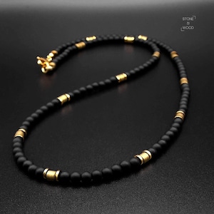 Gold-plated onyx and hematite necklace, beaded necklace, men's jewelry, gift