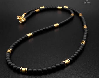 Halskette Onyx und Hämatit vergoldet Perlenkette Männer Schmuck Geschenk