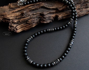 Men's Necklace Onyx Lava Hematite Black Silver Pearl Necklace Men Gift for Him