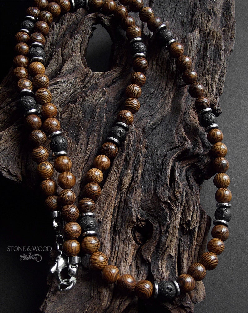 Necklace Mundambi Wood Lava Stone Hematite Men's Necklace Pearl Necklace Men Women Gift for Him image 2