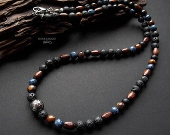 Necklace Lava Stone Tiger Eye Jasper Onyx Gemstone Pearl Necklace Men Gift for Him Unisex