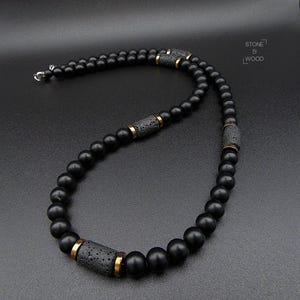 Collier pour homme en onyx, pierre de lave et hématite, perles de cuivre noir, bijou cadeau.