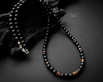 Collier Onyx Noir Hématite Cuivre Or Collier de Perles Collier de Pierres Précieuses Cadeau Hommes Femmes Unisexe