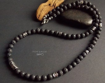 Men's Necklace Lava Stone Hematite Black Silver Pearl Necklace Men Gift for Him