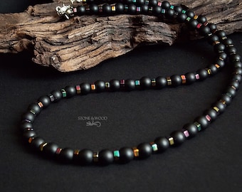 Halskette Onyx Hämatit Schwarz Bunt  Edelstein Perlenkette  Geschenk für Ihn Unisex