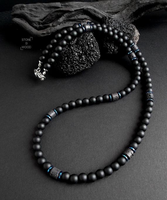 Collier Homme En Pierre De Lave Et Hématite - Longueur 55cm, Fait Main, Neuf Sans Emballage, Style Minéral Brut