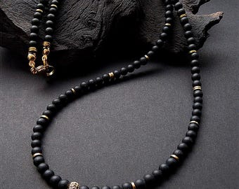 Halskette Onyx Hämatit vergoldet Perlenkette Schmuck Geschenk