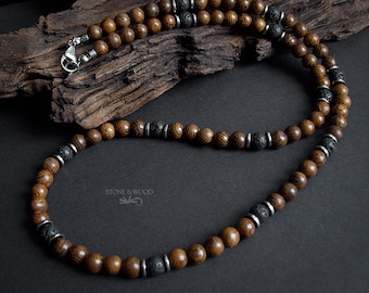 Collier Mundambi bois pierre de lave hématite collier homme collier de perles homme femme cadeau pour lui