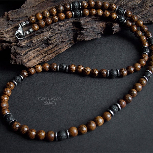 Collier Mundambi bois pierre de lave hématite collier homme collier de perles homme femme cadeau pour lui