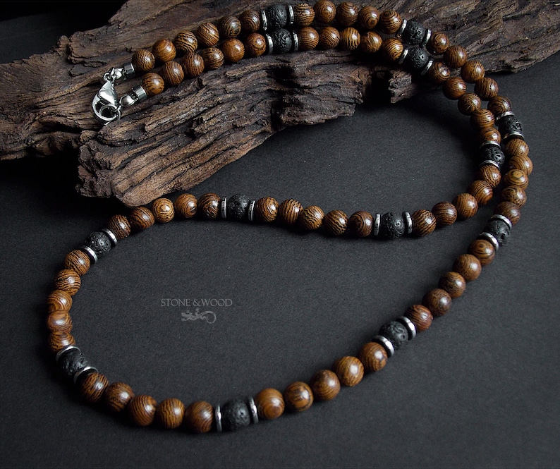 Necklace Mundambi Wood Lava Stone Hematite Men's Necklace Pearl Necklace Men Women Gift for Him image 1