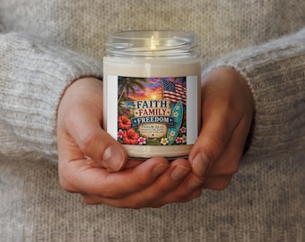 Faith • Family • Freedom Coastal Sunset Soy Candle | Psalm 33:12 Christian Americana Candle