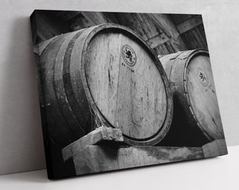Whiskey Barrel Lid, Black and White Photography, Char Stamped Bourbon Barrel Head, Canvas Bourbon Art, Ready to Hang Print on Metal